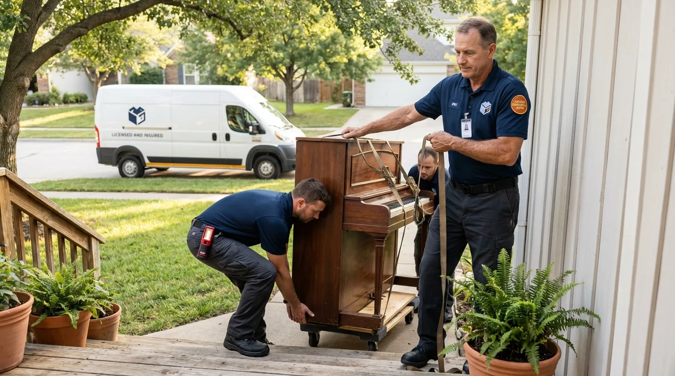 Licensed piano movers securing grand piano in Alpine, UT