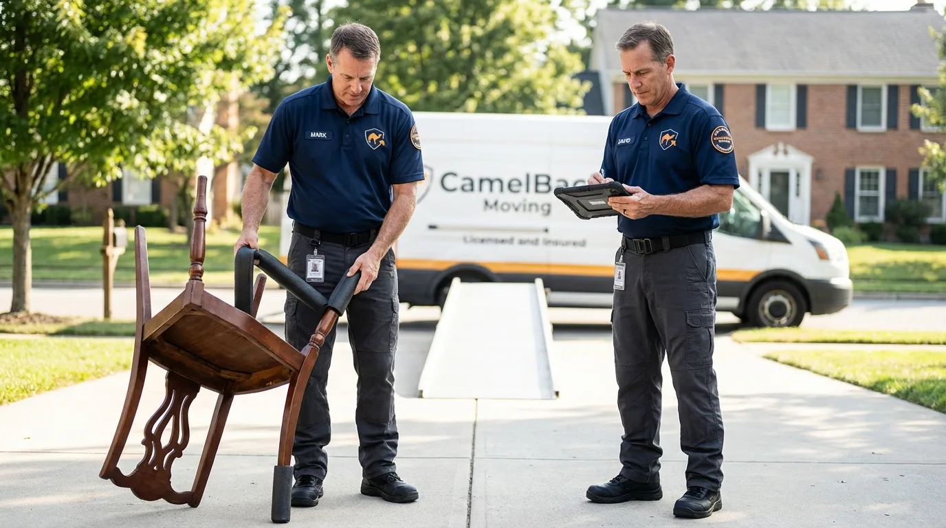 Movers inspecting furniture for damage prevention before loading in Alpine, UT