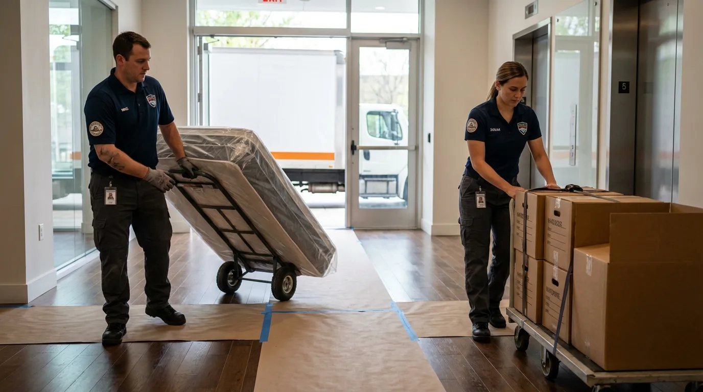 Professional apartment movers loading elevator in Alpine, UT
