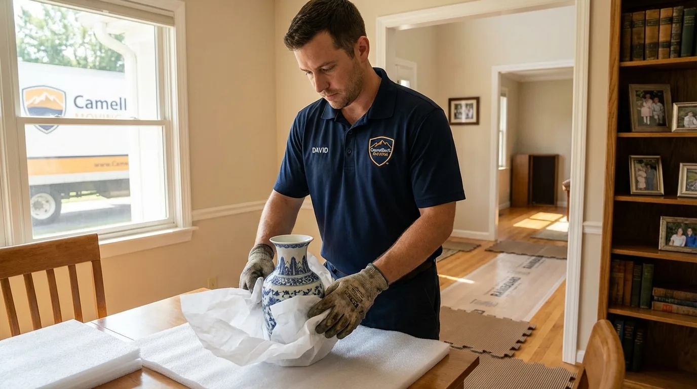 Professional crew carefully wrapping antique vase for senior downsizing move in Alpine, UT